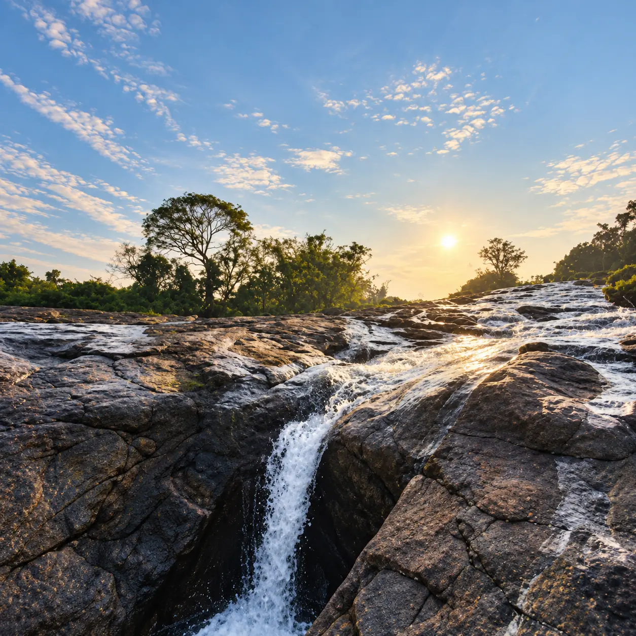 Water running fast over wide rock shelves as the sun sets behind forest trees
