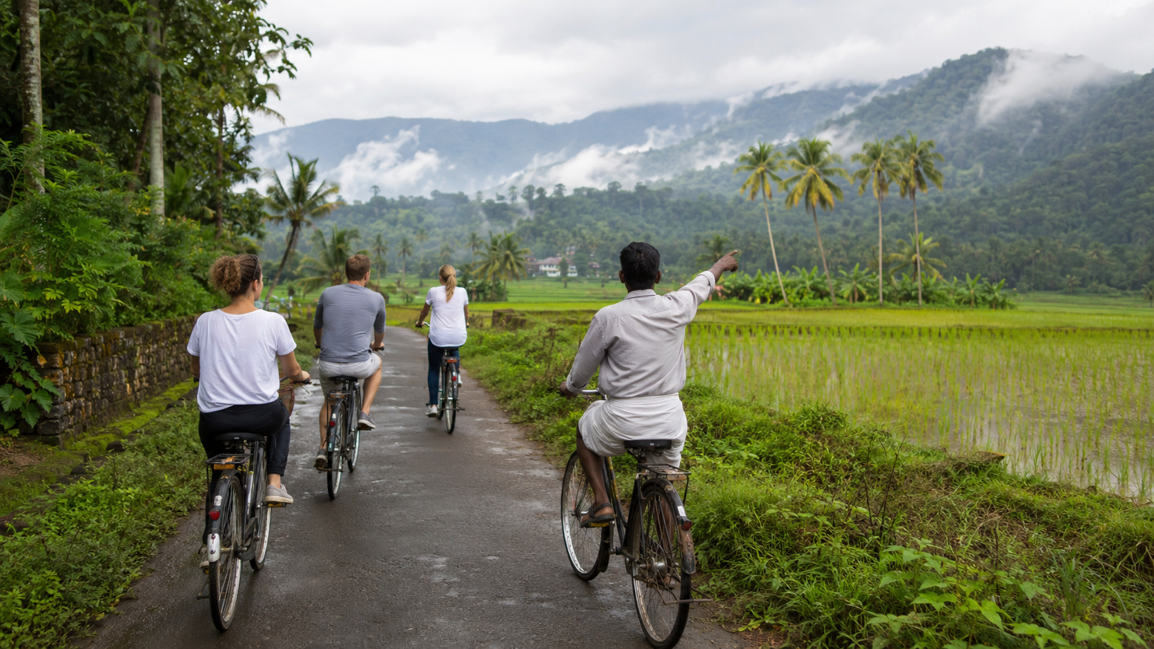 Travellers cycling with a local guide through green fields beneath Kerala's mountains