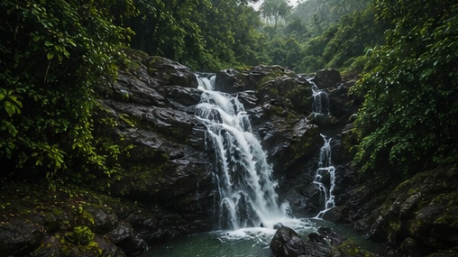Hidden waterfall cascading over dark rocks deep in the Palakkad rainforest