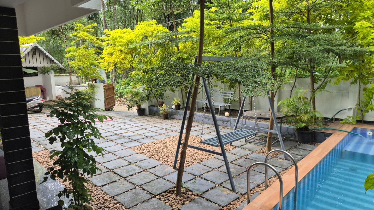 The pool and paved courtyard at Dense Villa with a garden swing and potted plants under bright green trees
