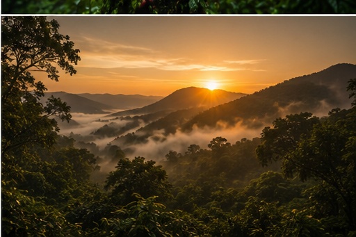 Sunrise light spilling over misty forested hills in Kerala