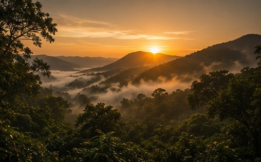 Sunrise over misty rainforest hills at Kunjiyarpathy, Palakkad
