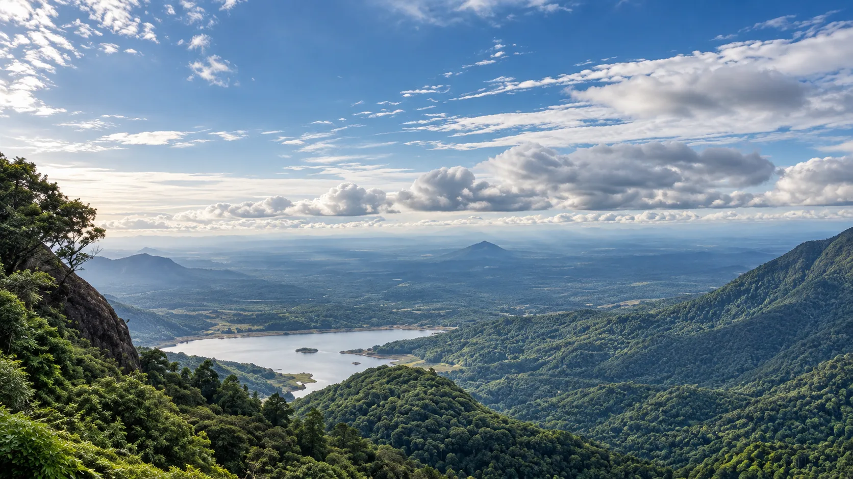 Mountain rainforest and reservoir landscape at Kunjiyarpathy in Palakkad
