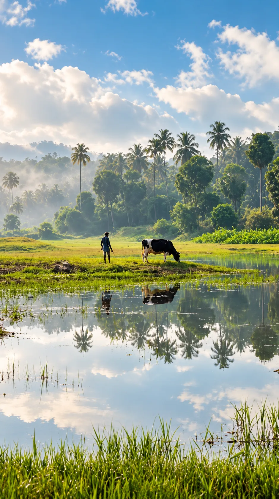 A person and cow reflected in still wetland water beneath palms