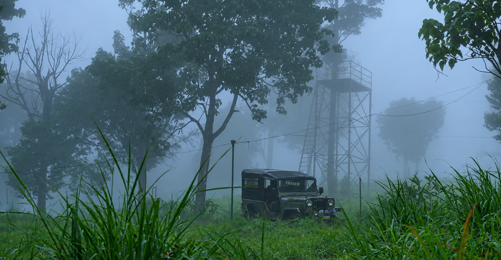Jeep in heavy mist at Kunjiyarpathy as forest conditions change