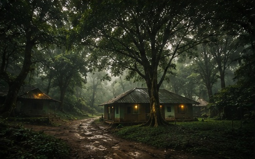 Dense rainforest surrounding a quiet forest stay where wildlife moves freely
