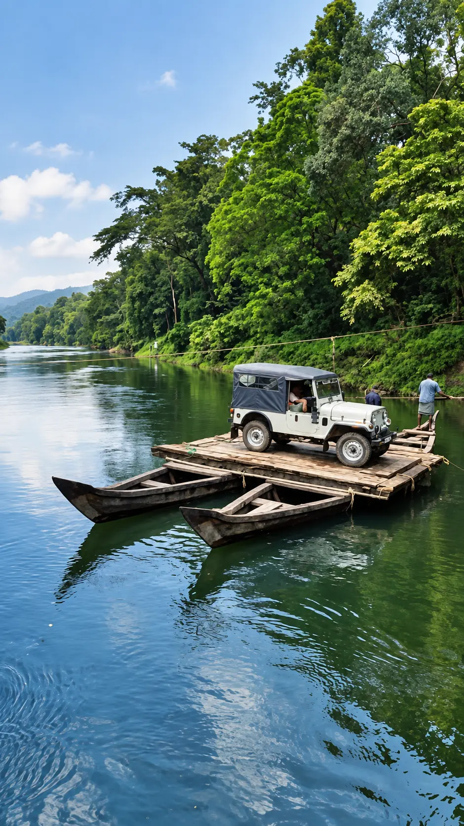 A jeep carried across the calm Pooyamkutty river on a wooden raft ferry