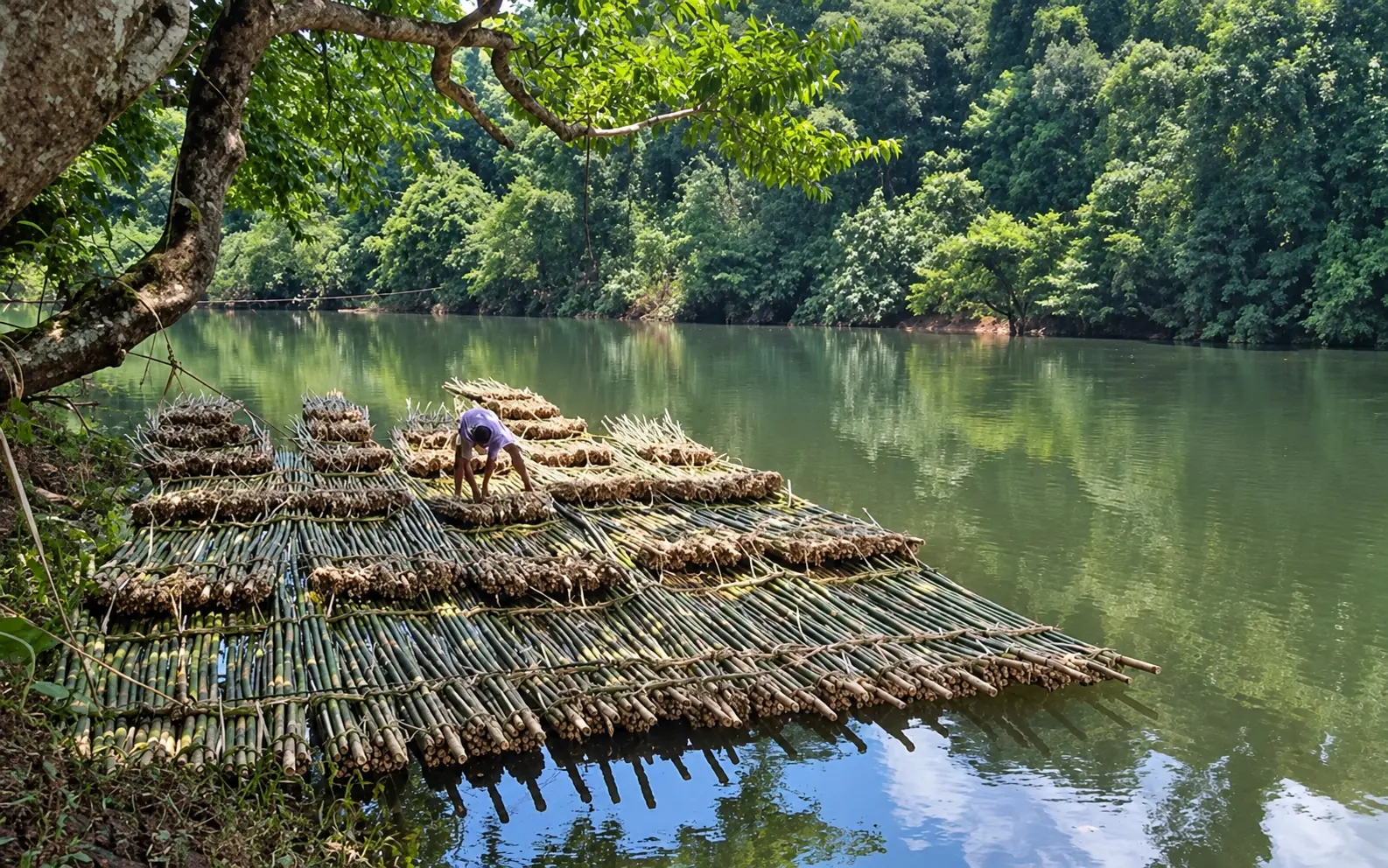A villager tying bundles of bamboo into a raft on the still green river
