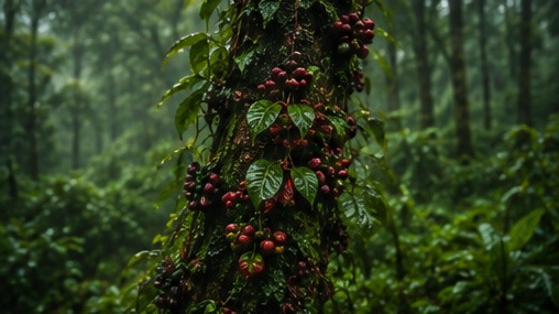 Nutmeg growing naturally on a rainforest tree in Kerala