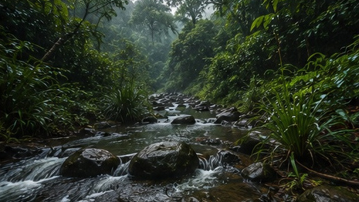 Mist rising over a rainforest stream in Kunjiyarpathy