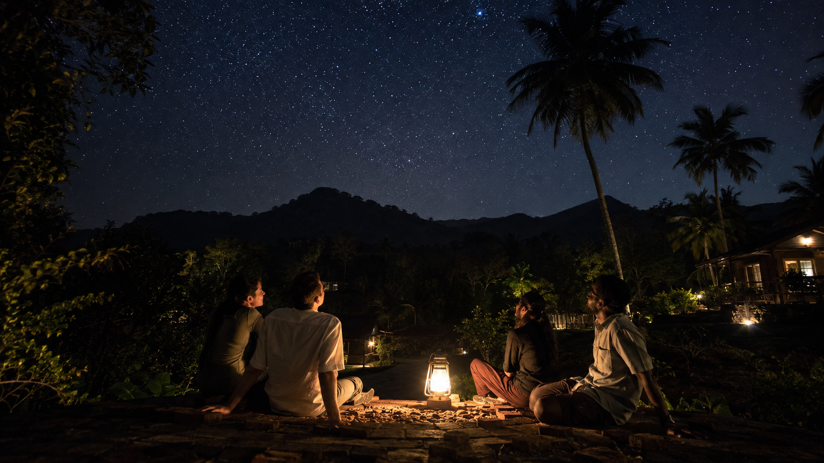 A small group stargazing beneath a clear night sky above the mountains