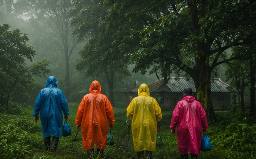 Guided rainforest trekking with guests in rain jackets on a monsoon trail