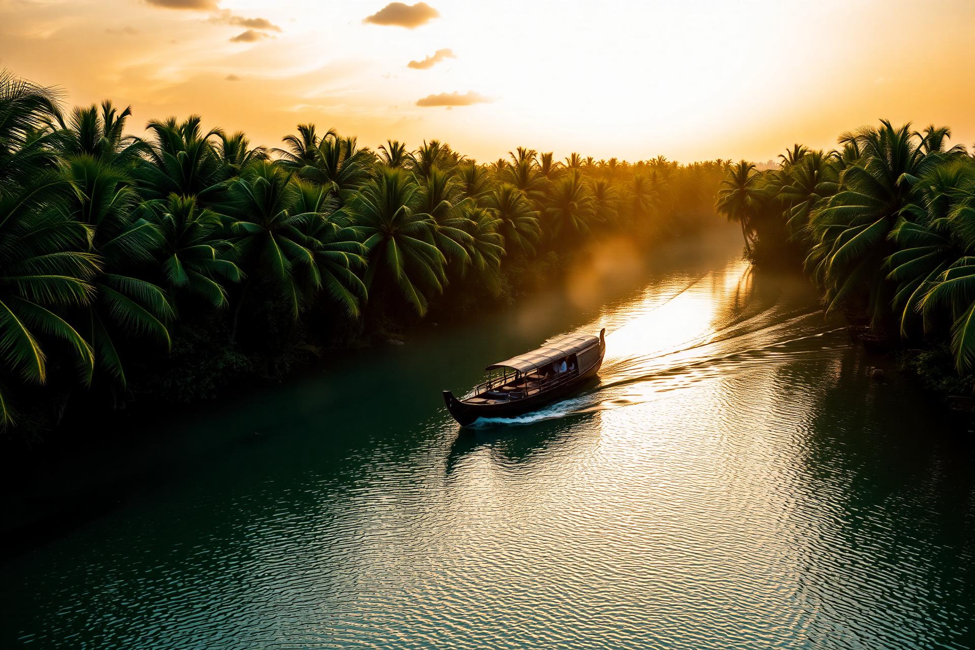 Traditional Kerala houseboat drifting through the backwaters at golden hour