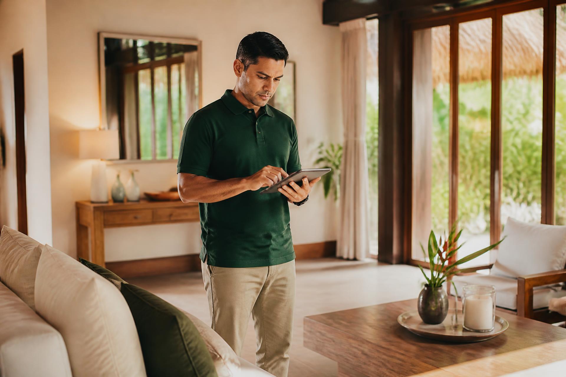 A StayKinds property manager preparing a villa living space for guests